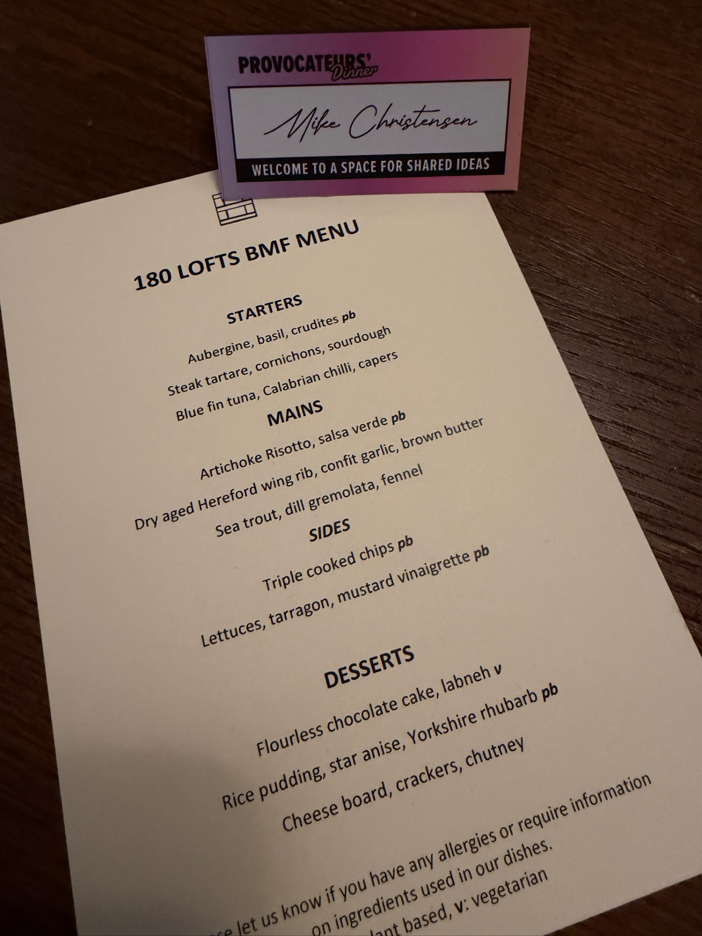A personalised Provocateurs' Dinner place card and menu
